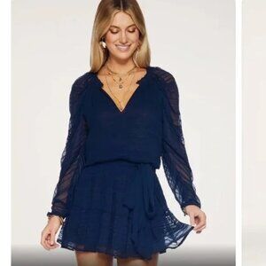 NEW RAMY BROOK Navy Blue Parker Tiered Organza‎ Mini Dress Small  - $495